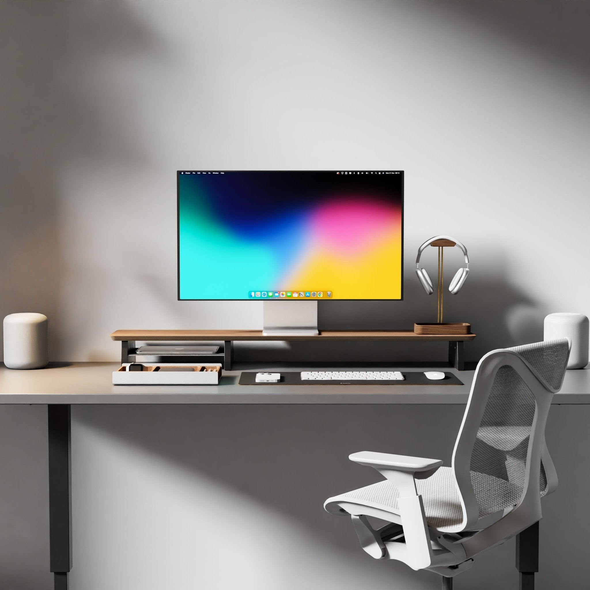 modern desk setup with desk shelf, leather desk pad and organiser tray