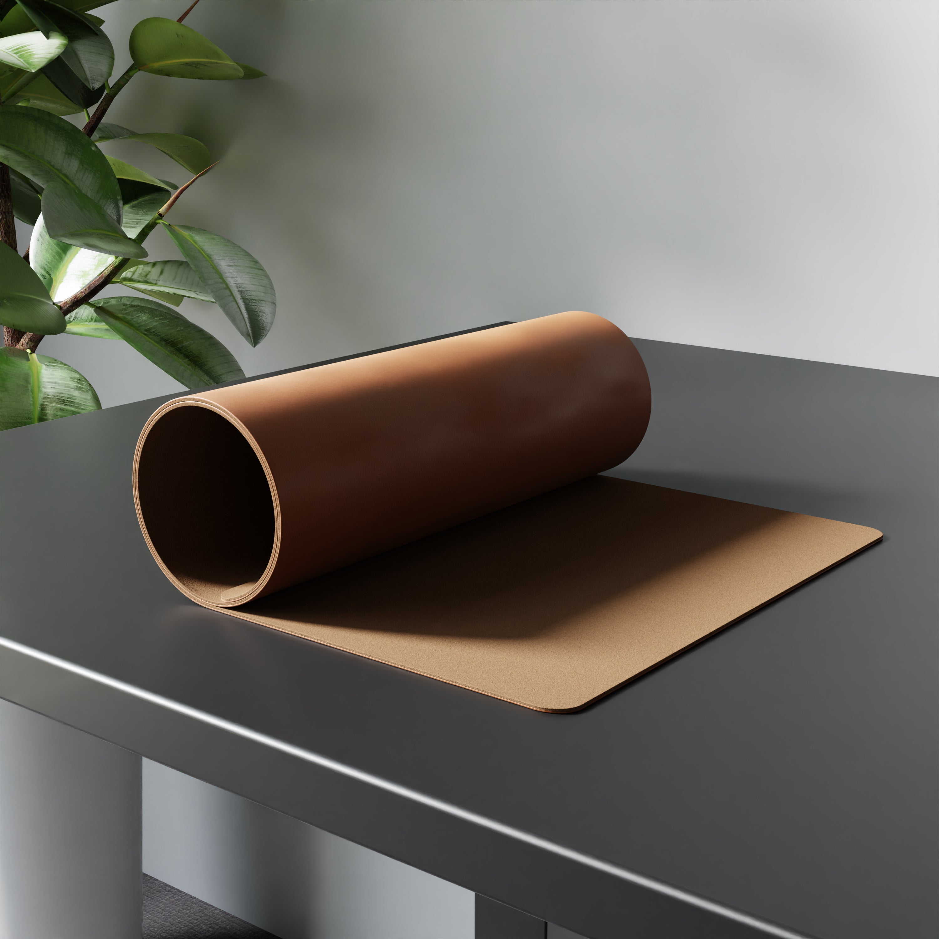 brown premium leather desk pad rolled