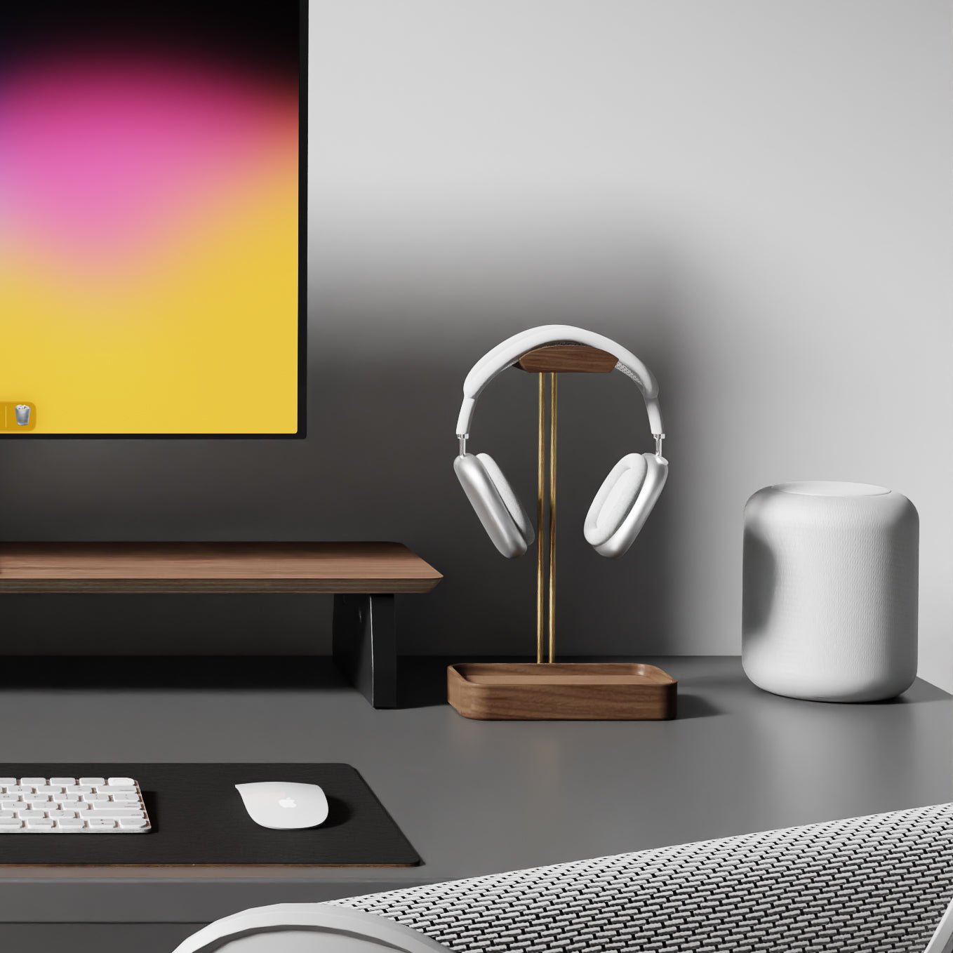 Walnut Wood Headphone Stand on a desk  - Raico Store