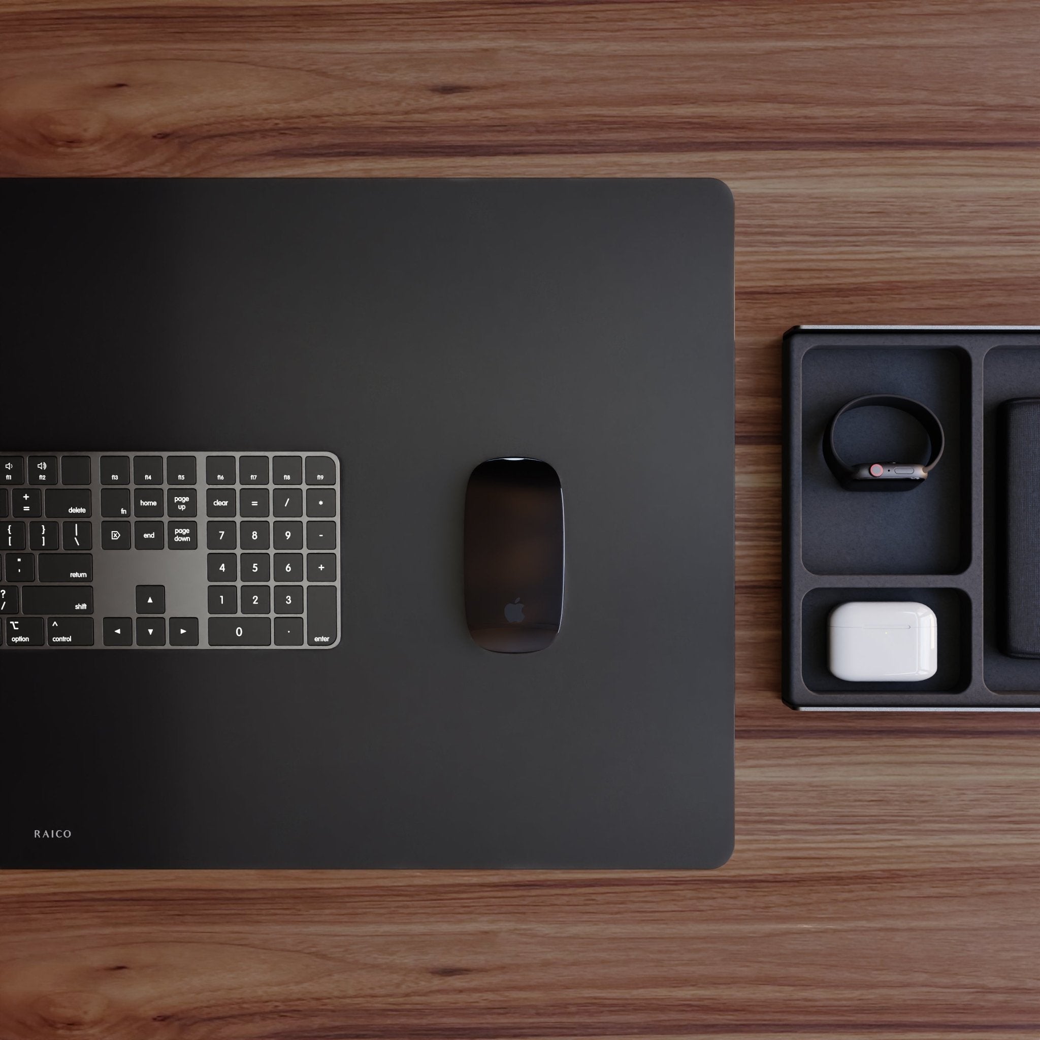 black leather desk mat on walnut desk 